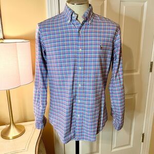 Men's Ralph Lauren Pink Blue Plaid Classic Fit Button Down Oxford Shirt Sz SMALL